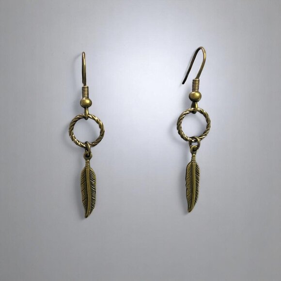 Bronze Feather Drop Earrings With Twisted Ring Design - Picture 1 of 8